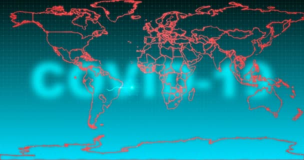 Electrocardiograma estilizado sobre el fondo de un mapa mundial con la denominación del virus covid-19, el concepto de pandemia global — Vídeo de stock