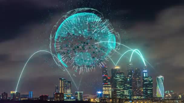 Time lapse of evening cityscape with futuristic elements of telecommunications, concept of smart city, communications and data transmission — Stock Video