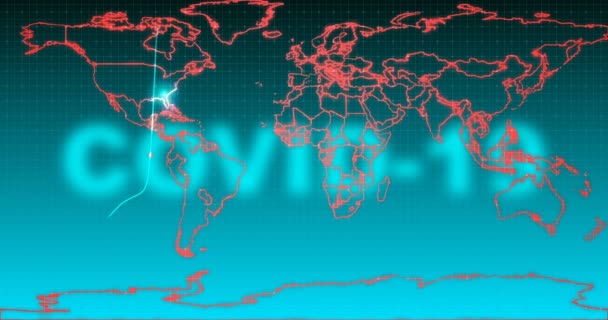 Gestileerd elektrocardiogram op een achtergrond van een wereldkaart met de naam van het covid-19 virus, het concept van een wereldwijde pandemie, alfa kanaal — Stockvideo