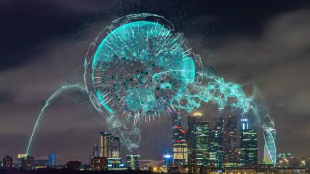 Time lapse of evening cityscape with futuristic elements of telecommunications, concept of smart city, communications and data transmission — Stock Video