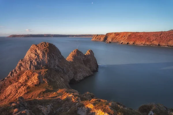 Rugged Three Cliffs Bay Great Torearly Winter Sun Lighting Two — Stock Photo, Image