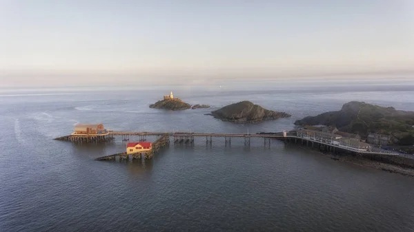Editorial Swansea April 2018 Aerial Evening View Mumbles Pier Lighthouse — Stock Photo, Image