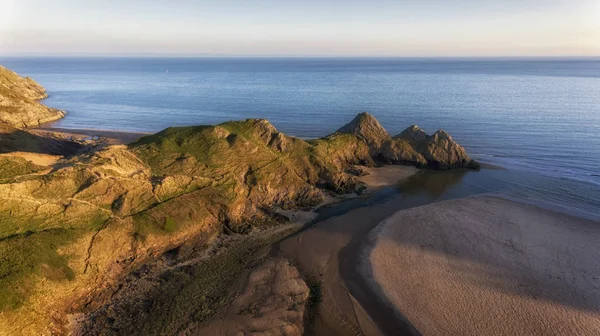 Vista Aérea Dramático Three Cliffs Bay Península Gower Swansea South — Fotografia de Stock
