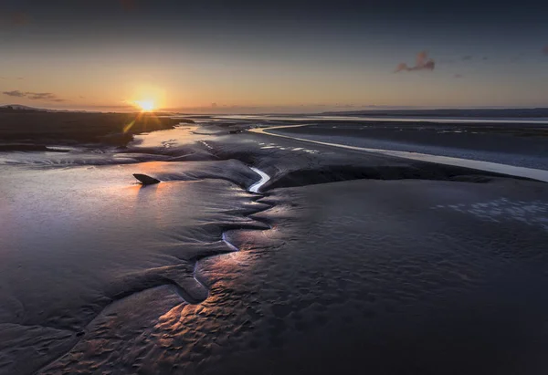 Zachód Słońca Przy Odpływie Ujściu Rzeki Loughor Penclawdd North Gower — Zdjęcie stockowe
