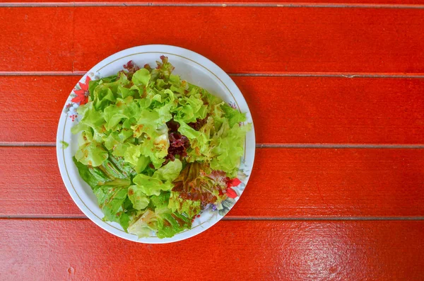 Salade groenten in een schaal op een rode houten vloer. — Stockfoto