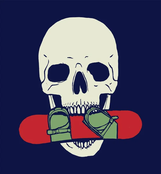 Crânio com snowboard na boca - símbolo de esportes de inverno — Vetor de Stock