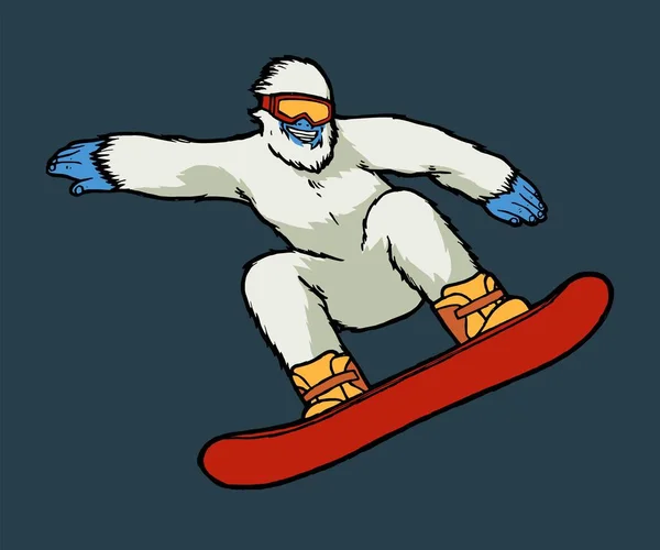 Koca Ayak snowboard yapıyor. Yeti snowboard yapıyor. Kış sporu vektör illüstrasyonu.
