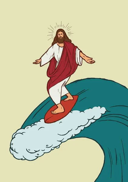 Jesucristo surfeando encima de una gran ola. Dios cristiano montando tabla de surf. Divertido religioso verano deporte vector ilustración . — Vector de stock