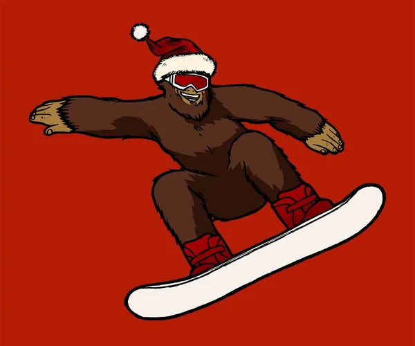 Pie Grande en Santa Claus sombrero de montar snowboard. Yeti snowboarder . — Vector de stock
