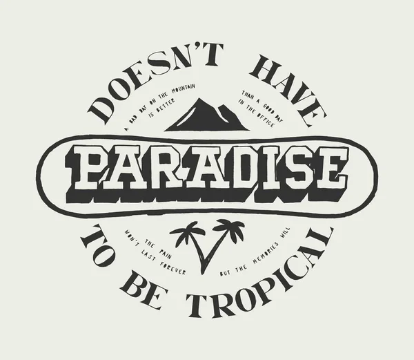 El paraíso no tiene que ser tropical. Snowboard, montañas y palmeras deportes de invierno tipografía vintage print . — Vector de stock