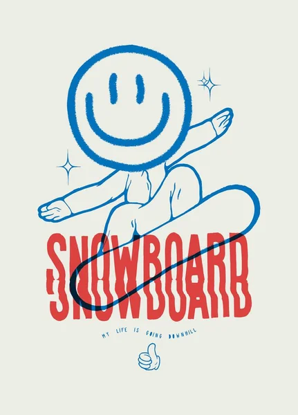 Snowboarder met een groot smiley gezicht grappige t-shirt print vector illustratie. — Stockvector
