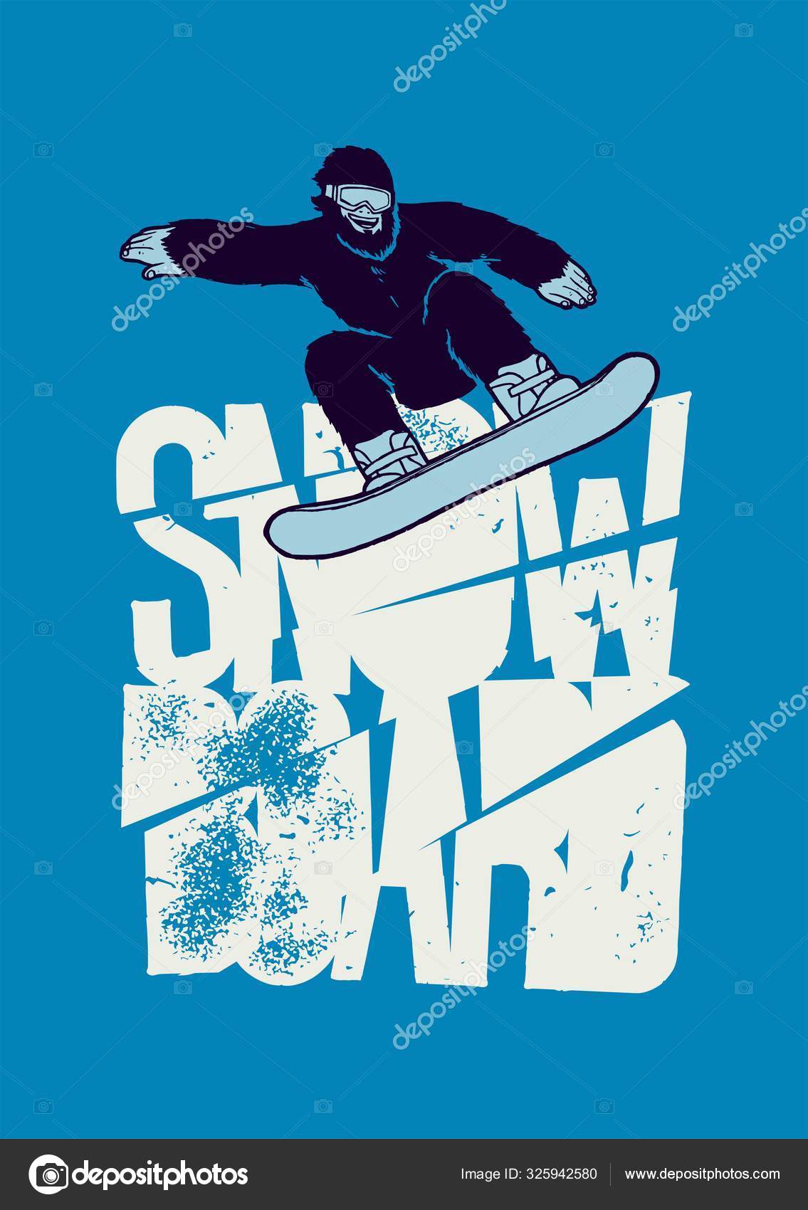 Bigfoot snowboarding. Yeti riding snowboard. Winter sports snowman