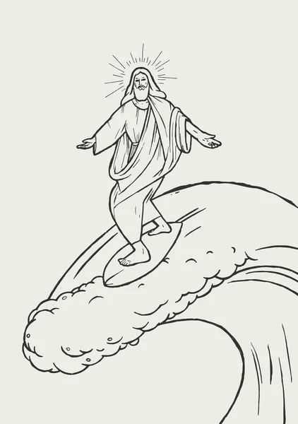 Jesucristo surfeando en la gran ola. Christian god tropical illustration print . — Vector de stock