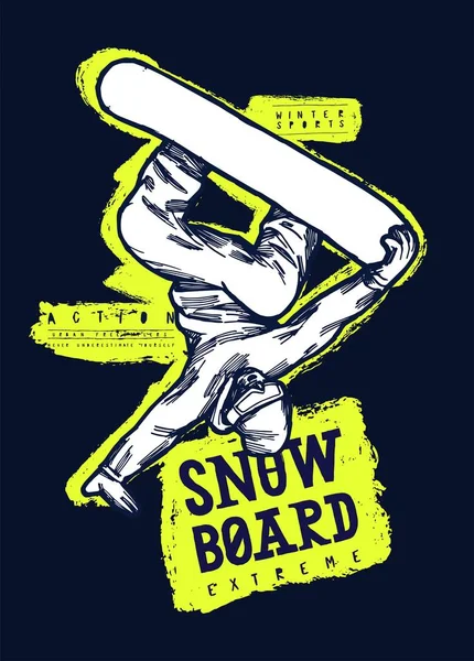 Sztuczka ze stojakiem na snowboardzie. Ekstremalne sporty zimowe t-shirt projekt wydruku. — Wektor stockowy