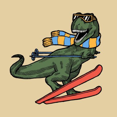 T-rex kayak karakteri. Gözlüklü dinozor ve atkı kayağı. Komik kış sporları dinosu.