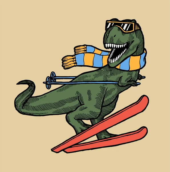T-rexスキーキャラクター。メガネやスカーフスキーで恐竜。面白い冬のスポーツディノ. — ストックベクタ