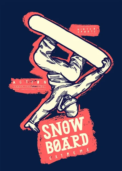 Snowboarder parado en el truco de la mano. extrema deportes de invierno carácter vector ilustración . — Vector de stock