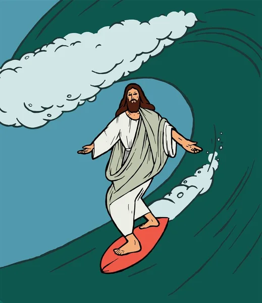 Jesucristo surfeando relajado bajo una ola. Tropical vacaciones dios carácter vector ilustración . — Vector de stock