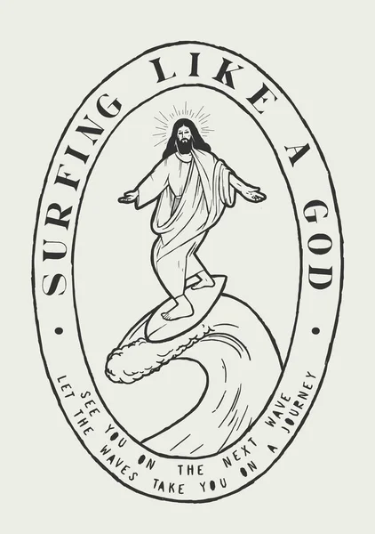 Jesus Surfing vintage typography print. Surfeando como un dios . — Vector de stock