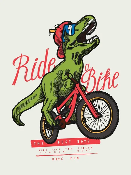 T-Rex dinosaurio montar en bicicleta en gorra y gafas de sol y sonriendo - niños divertidos vector deportivo ilustración — Vector de stock