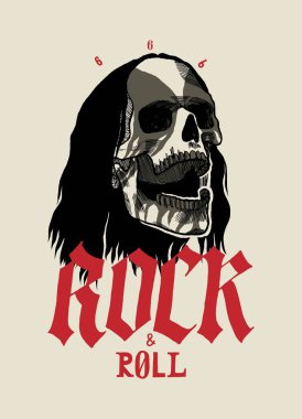 Uzun saçlı, siyah beyaz yüzlü siyah metal bir kafatası. Rock and roll müzik vektörü illüstrasyonu.