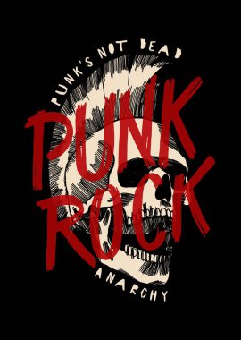 Mohawk saç kesimli punk rock kafatası. Müzik baskı tasarım vektörü çizimi..