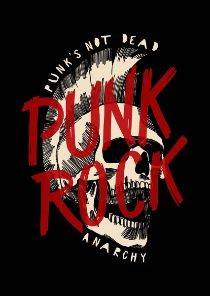 Mohawk saç kesimli punk rock kafatası. Müzik baskı tasarım vektörü çizimi..