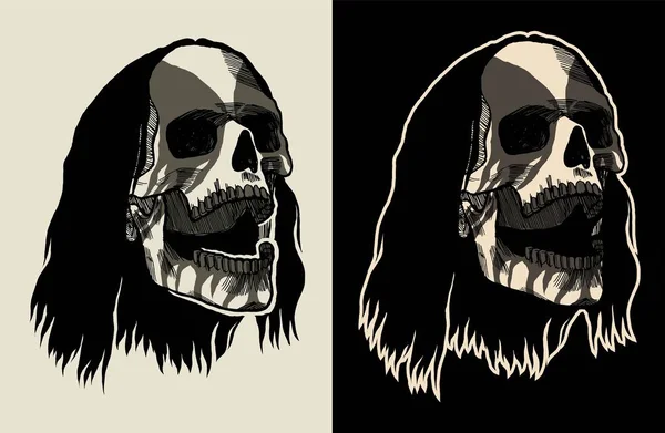 Cráneo de metal negro - cabeza de esqueleto pintado como cantante de música hard rock - diseño de impresión de camiseta de ilustración vectorial — Vector de stock