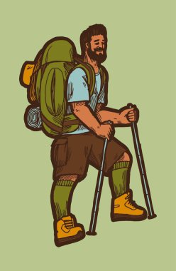 Summer time hiker on the top of the mountain. outdoor activities vector illustration.