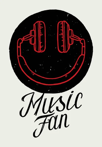 Kopfhörer Smiley Gesicht Musik Person Vektor Illustration. Musik Fan T-Shirt Print. — Stockvektor