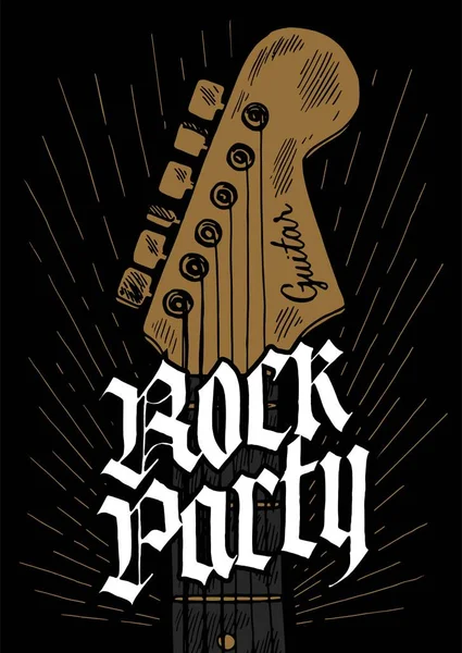 Cabeza de guitarra fiesta rock tipografía vintage cartel. ilustración vector de música . — Vector de stock