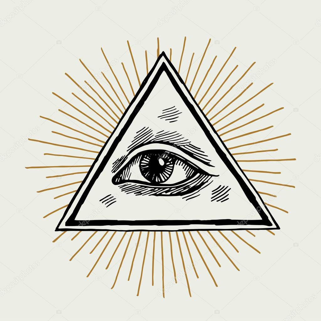 Eye of providence symbol. All seeing eye of god - free mason sign depicting eye in triangle and the rays in the background. Occult icon vector illustration.