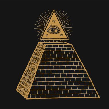 Tanrı 'nın Gözü. Hepsi piramit masonik sembolün üstündeki üçgendeki gözü görüyor. Okült illuminati illüstrasyonu.