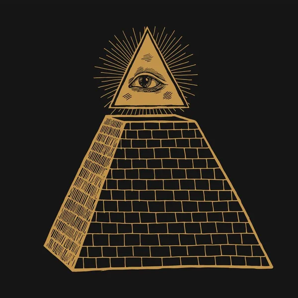 Tanrı 'nın Gözü. Hepsi piramit masonik sembolün üstündeki üçgendeki gözü görüyor. Okült illuminati illüstrasyonu.