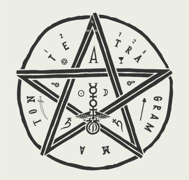 Tetragrammaton kabbalah pentagram tişört baskısı. Klasik okült sembolü illüstrasyonu.