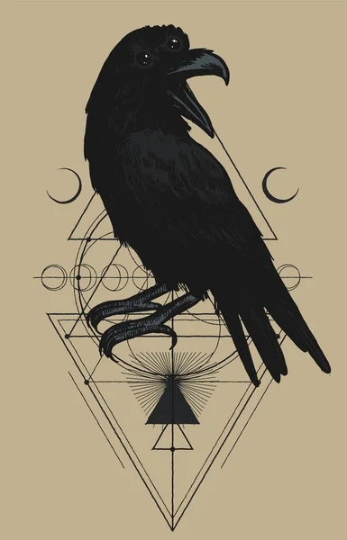 3つの目のレイヴンオカルトイラスト 魔法の鳥と幾何学的な形と月とTシャツのプリント — ストックベクタ