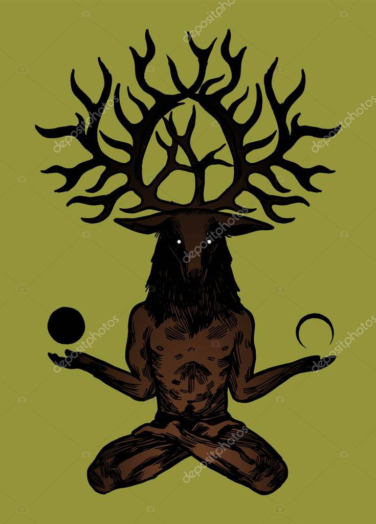 Deer god person illustration. Man with deer head and big horns sitting in lotus pose and holding moons.