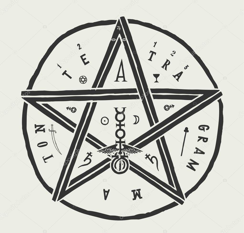 Tetragrammaton kabbalah pentagram t-shirt print. Vintage occult symbol illustration.