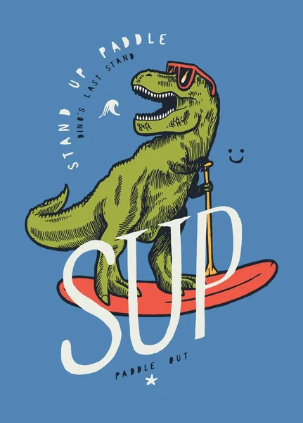 Rex Dinosaurus Stand Paddle Zomer Sport Grappige Reptiel Dier Shirt — Stockvector