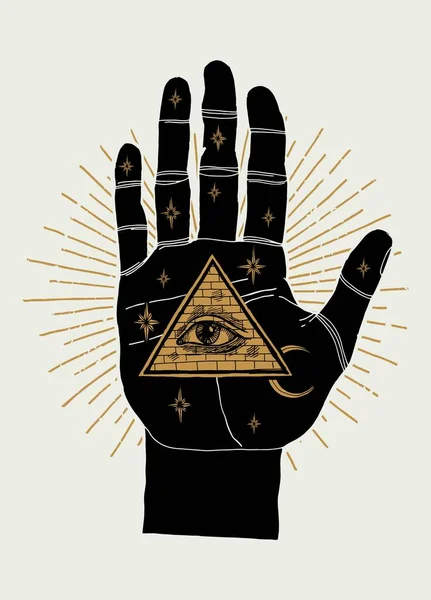 Palmistry Palm Eye Providence Moon Stars Vintage Occult Illustration — Stock Vector