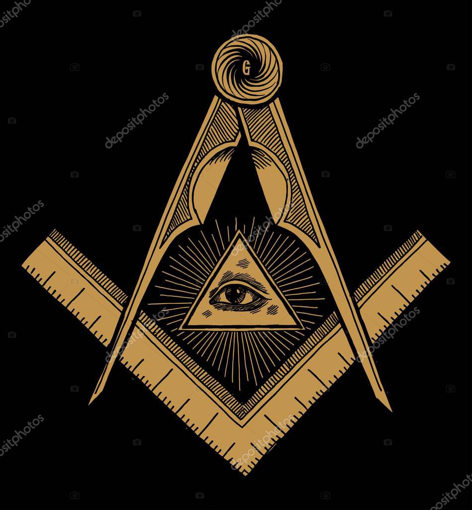 Freemason symbol Square and Compasses and eye of providence in shine. Vintage occult illustration print.