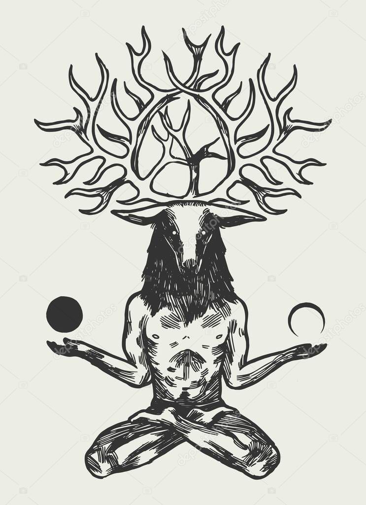Deer god - man with deer head sitting in lotus pose and holding moons. Celtic occult illustration.