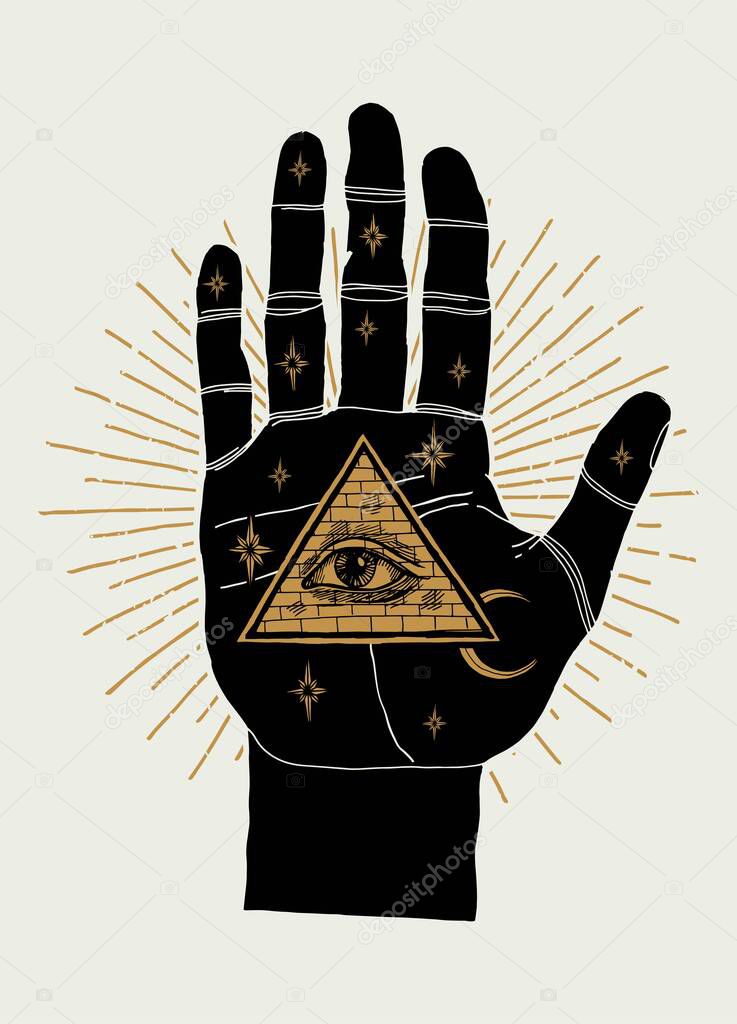 Palmistry palm with eye of providence and moon and stars in it. Vintage occult illustration.