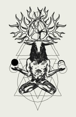 Geyik tanrısı - Geyik kafası ve boynuzları olan biri lotus poz verip uyduları tutuyor..