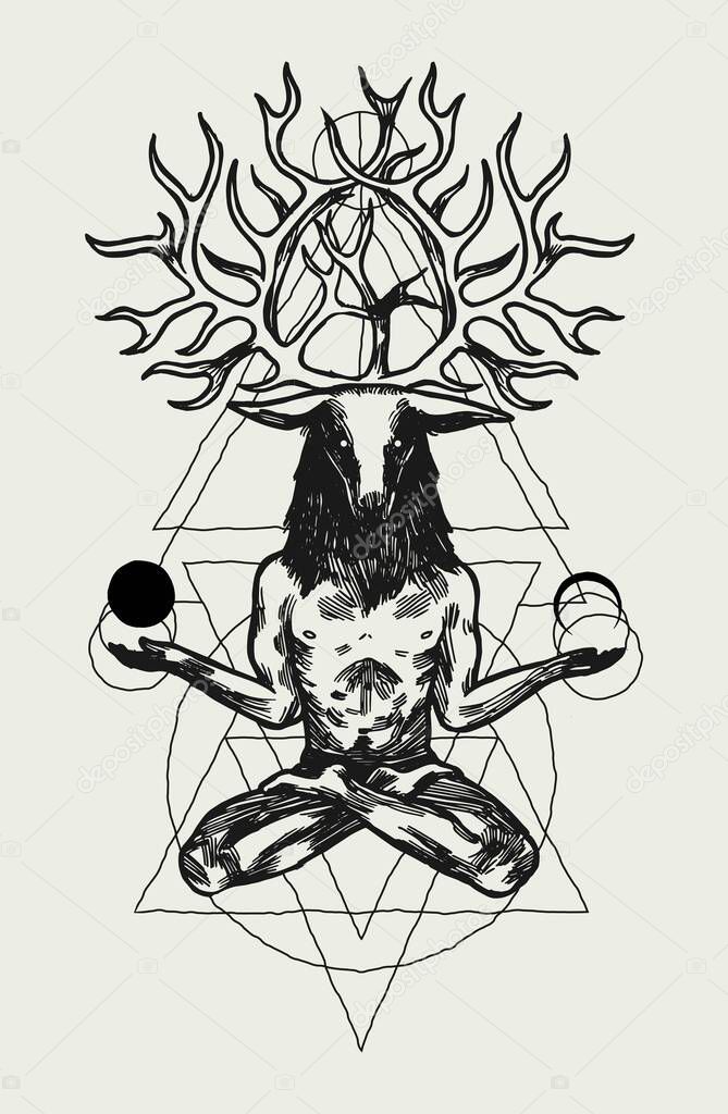 Deer god - person with a deer head and horns sitting in the lotus pose holding moons.