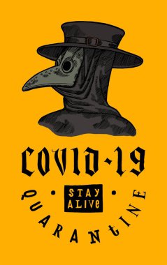 Covid-19 karantina tişörtü ve veba doktoru çizimi. Hayatta kal..