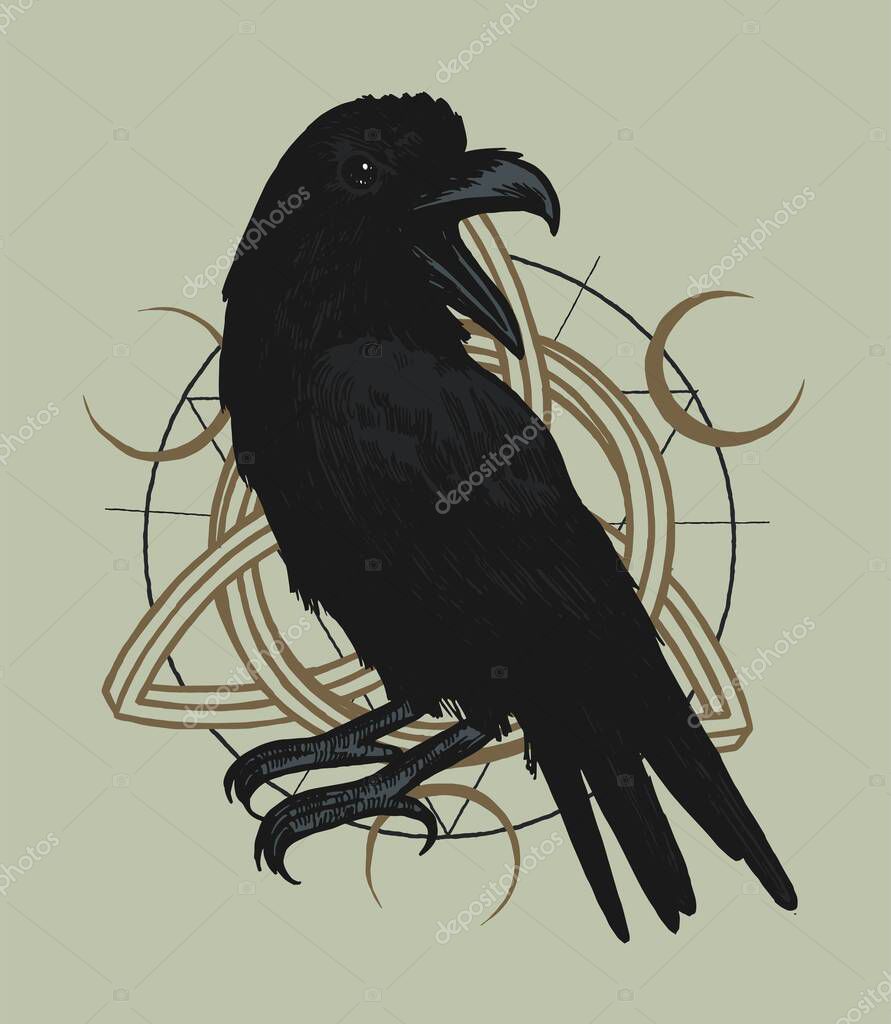 Black raven on the triquetra celtic symbol background with moons occult vector illustration.