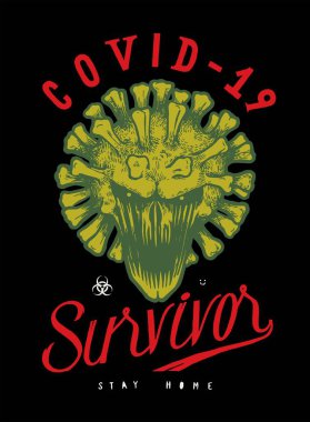 Covid-19 kazazedesi. Şeytani virüs karakteri klasik tipografi tişörtü baskısı. Coronavirus posteri.