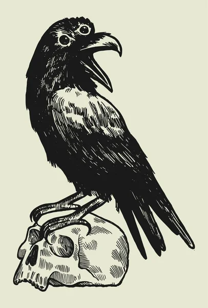 Árbol Ojos Cuervo Pie Cráneo Humano Vintage Arte Oscuro Ilustración — Vector de stock