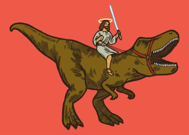 İsa, Jedi ışın kılıcıyla T-rex dinozoruna biniyor..